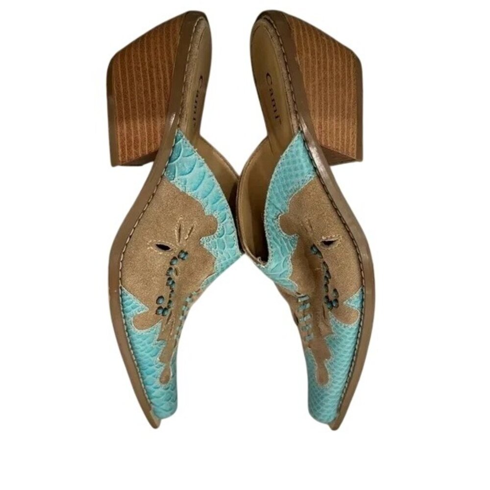 Cami Womens Western Mule Shoes Size 8 Turquoise & Tan Faux Leather & Suede